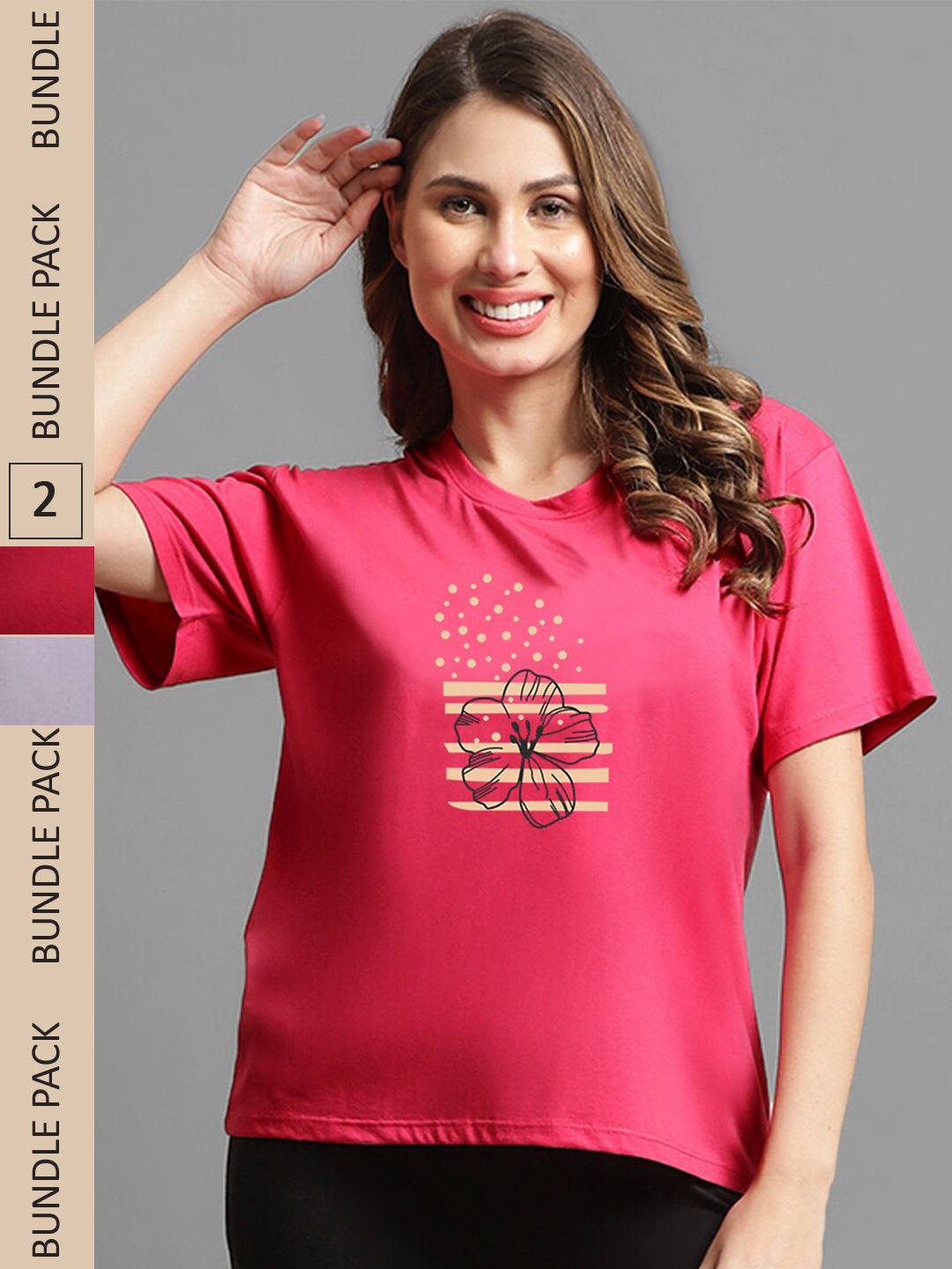 

Kanvin Women Pink & Purple Pack Of 2 Typography Printed Loose T-shirt