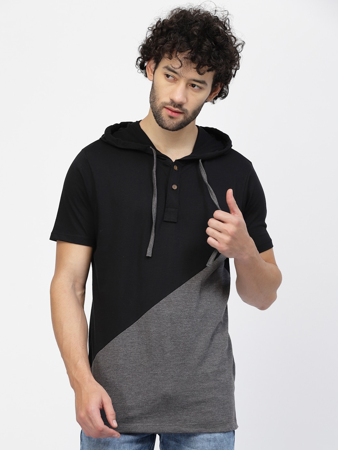 

Kalt Short Sleeves Colourblocked Hooded T-shirt, Grey