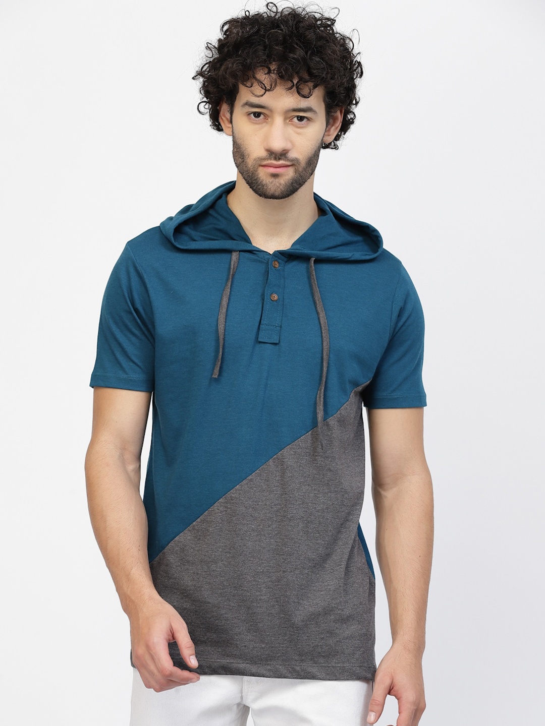 

Kalt Short Sleeves Colourblocked Hooded T-shirt, Teal