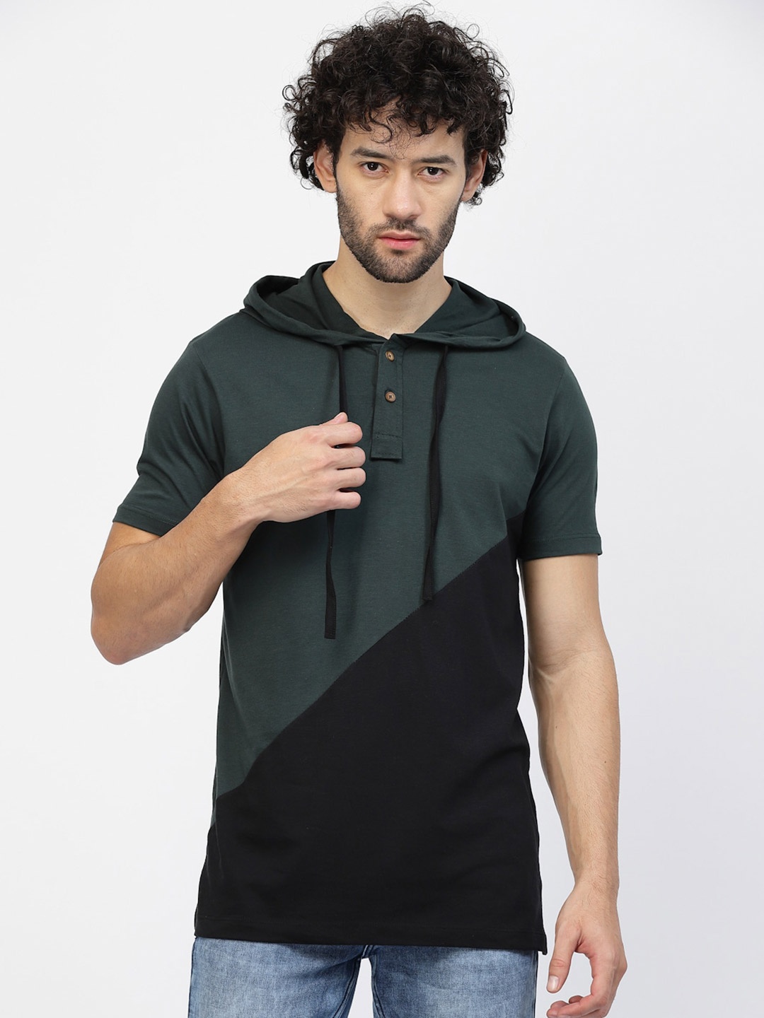 

Kalt Colourblocked Hooded Short Sleeves T-shirt, Black