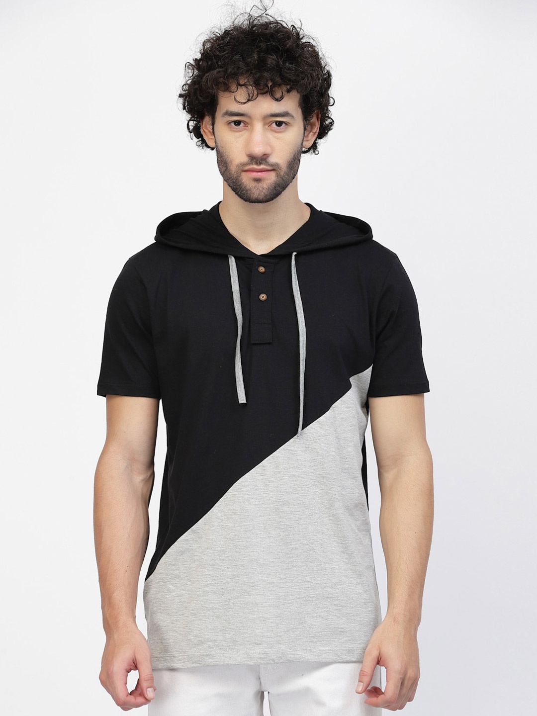 

Kalt Colourblocked Hooded Casual T-shirt, Grey melange