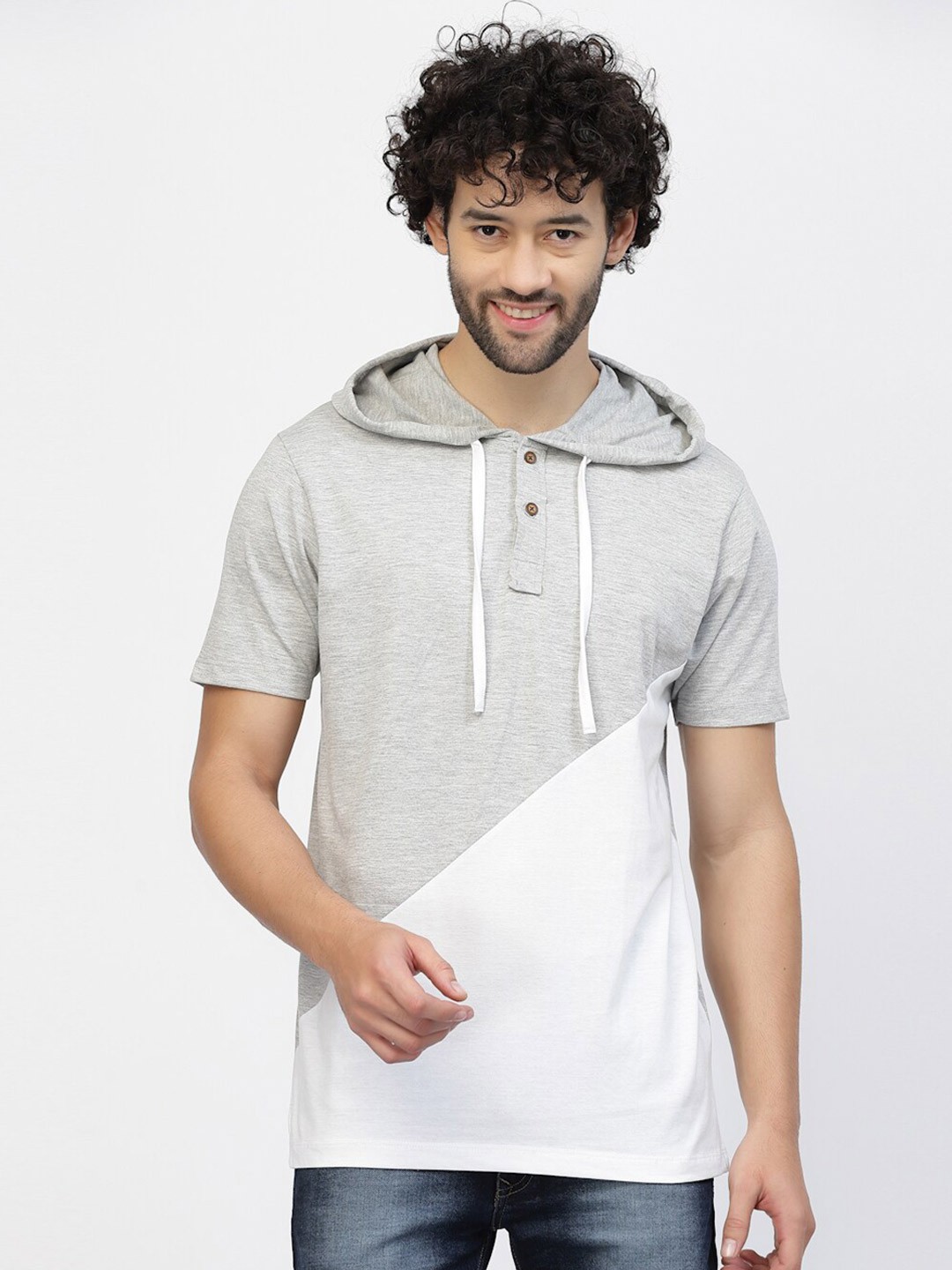 

Kalt Colourblocked Hooded Casual Knitted Cotton T-shirt, White
