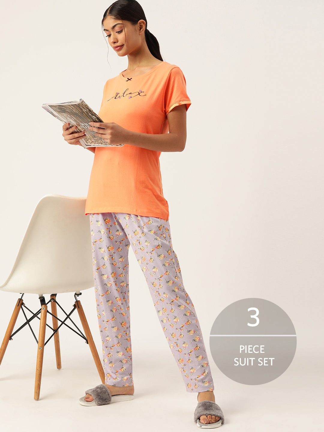 

ETC Women 3-Piece Floral Printed Night suit, Orange