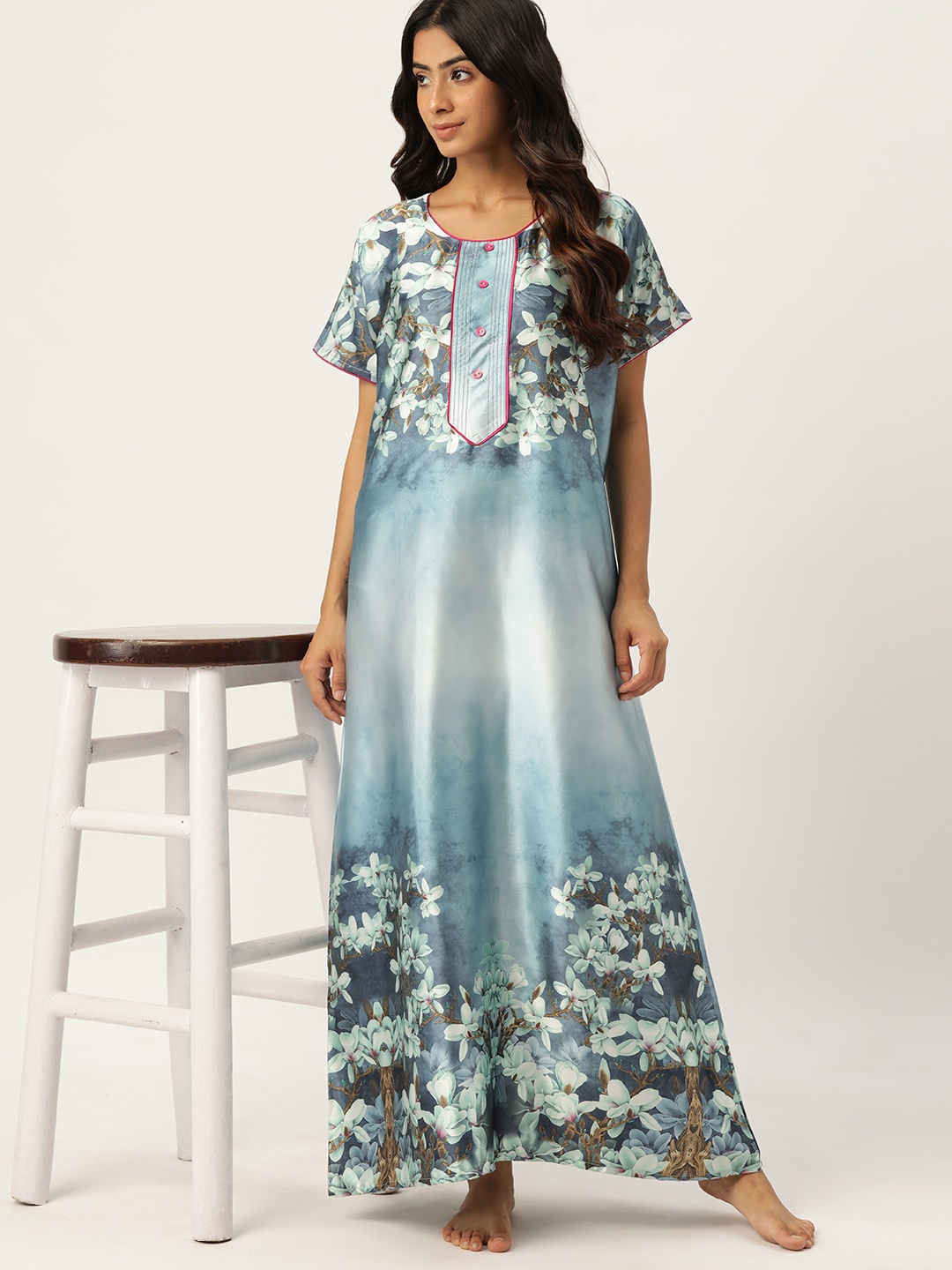 

ETC Floral Printed Satin Maxi Nightdress, Blue