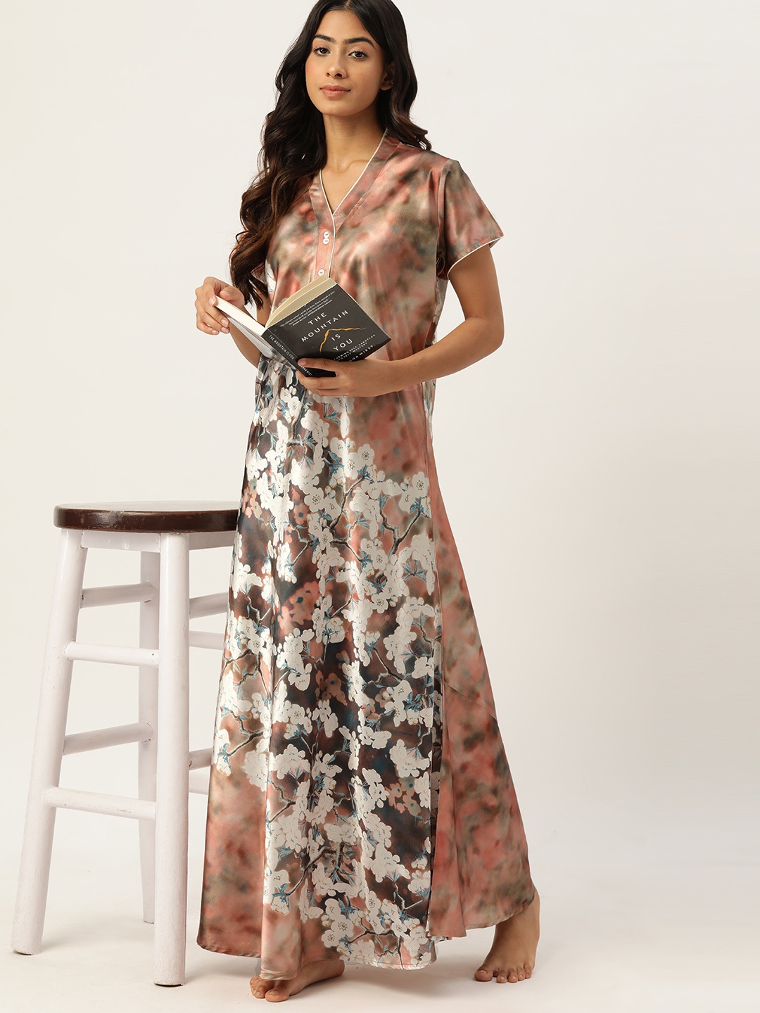 

ETC Floral Printed Satin Maxi Nightdress, Peach