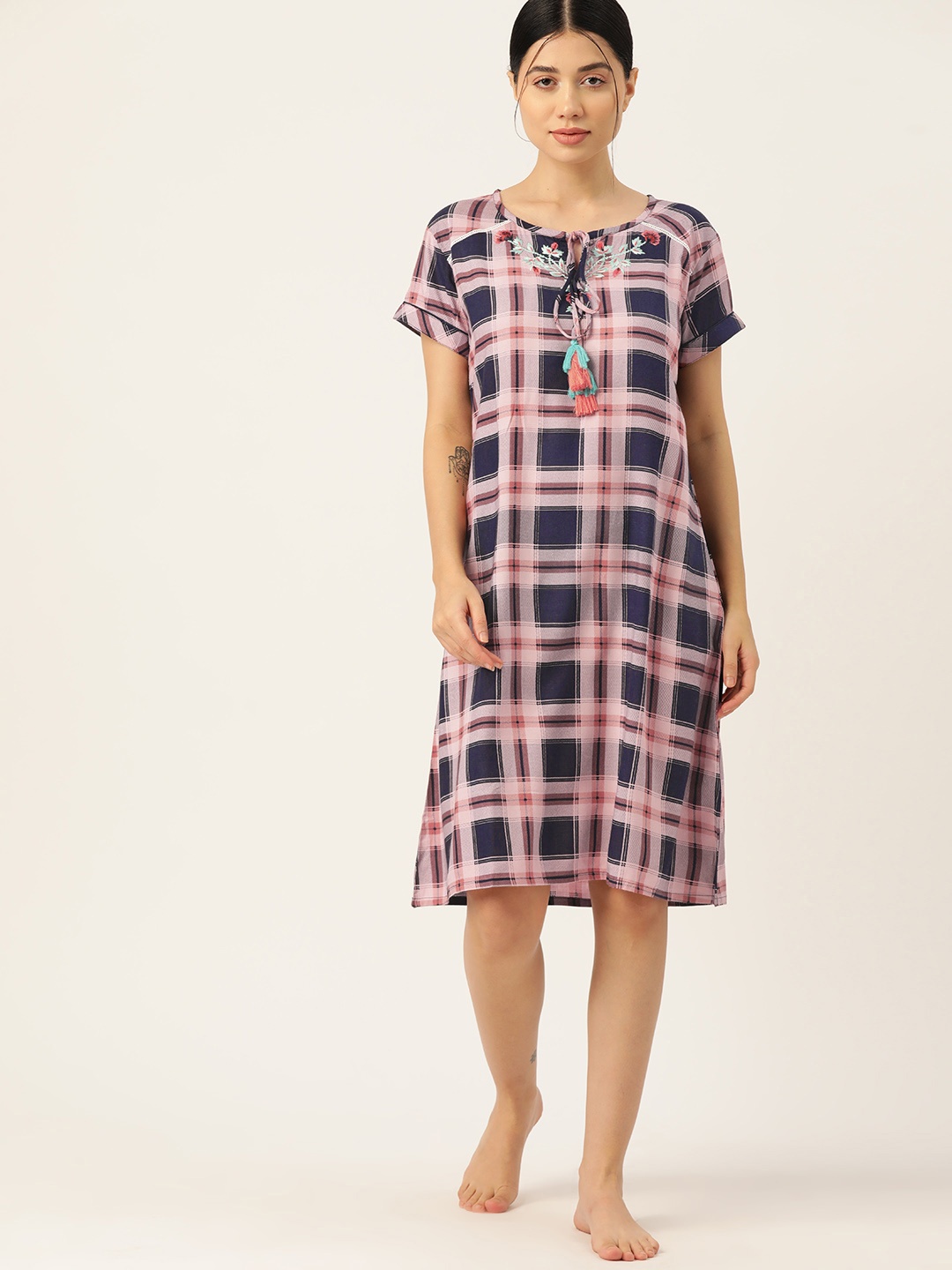 

ETC Checked Tie-Up Neck Nightdress, Navy blue