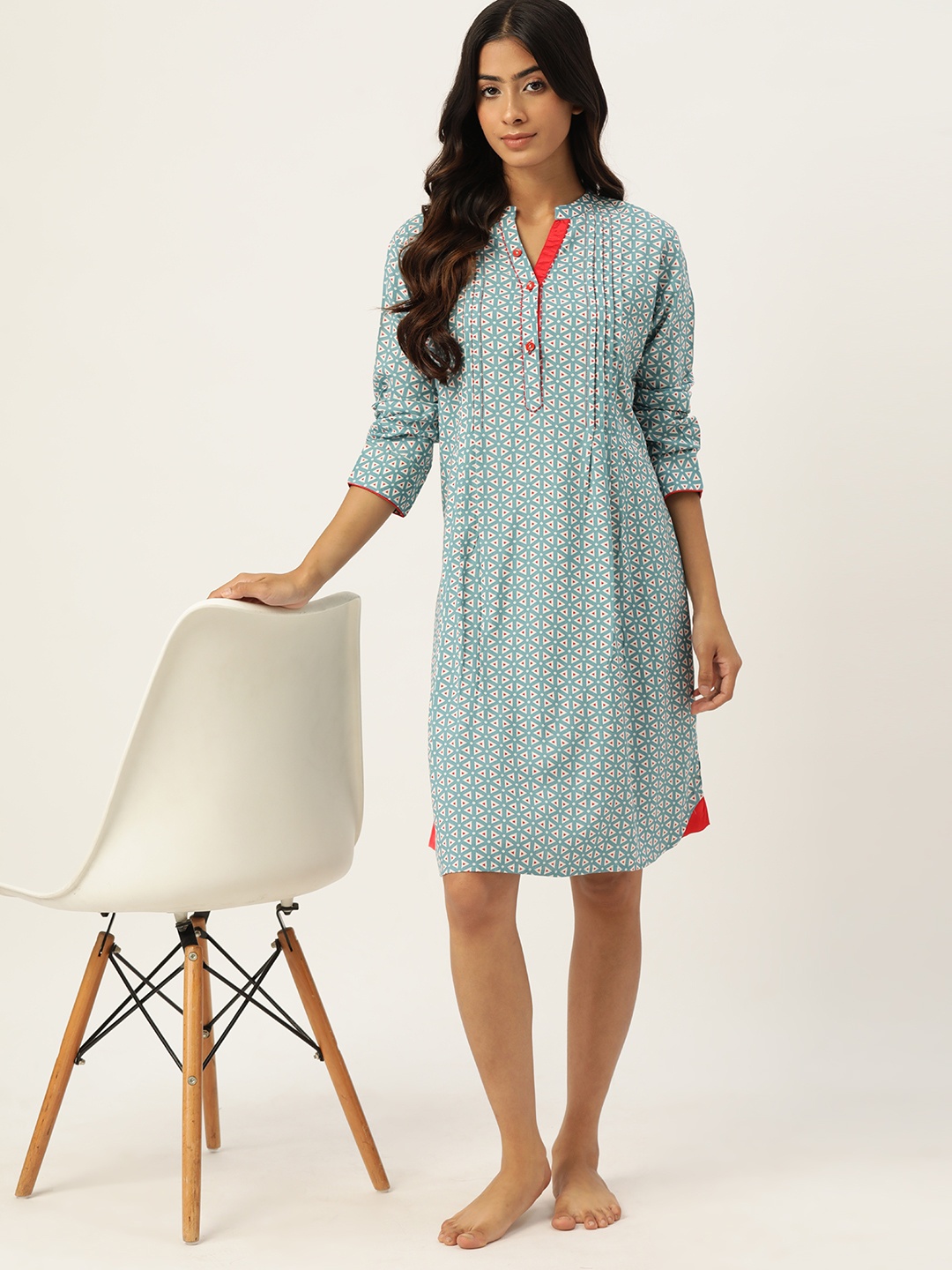 

ETC Geometric Printed Shirt Nightdress, Blue