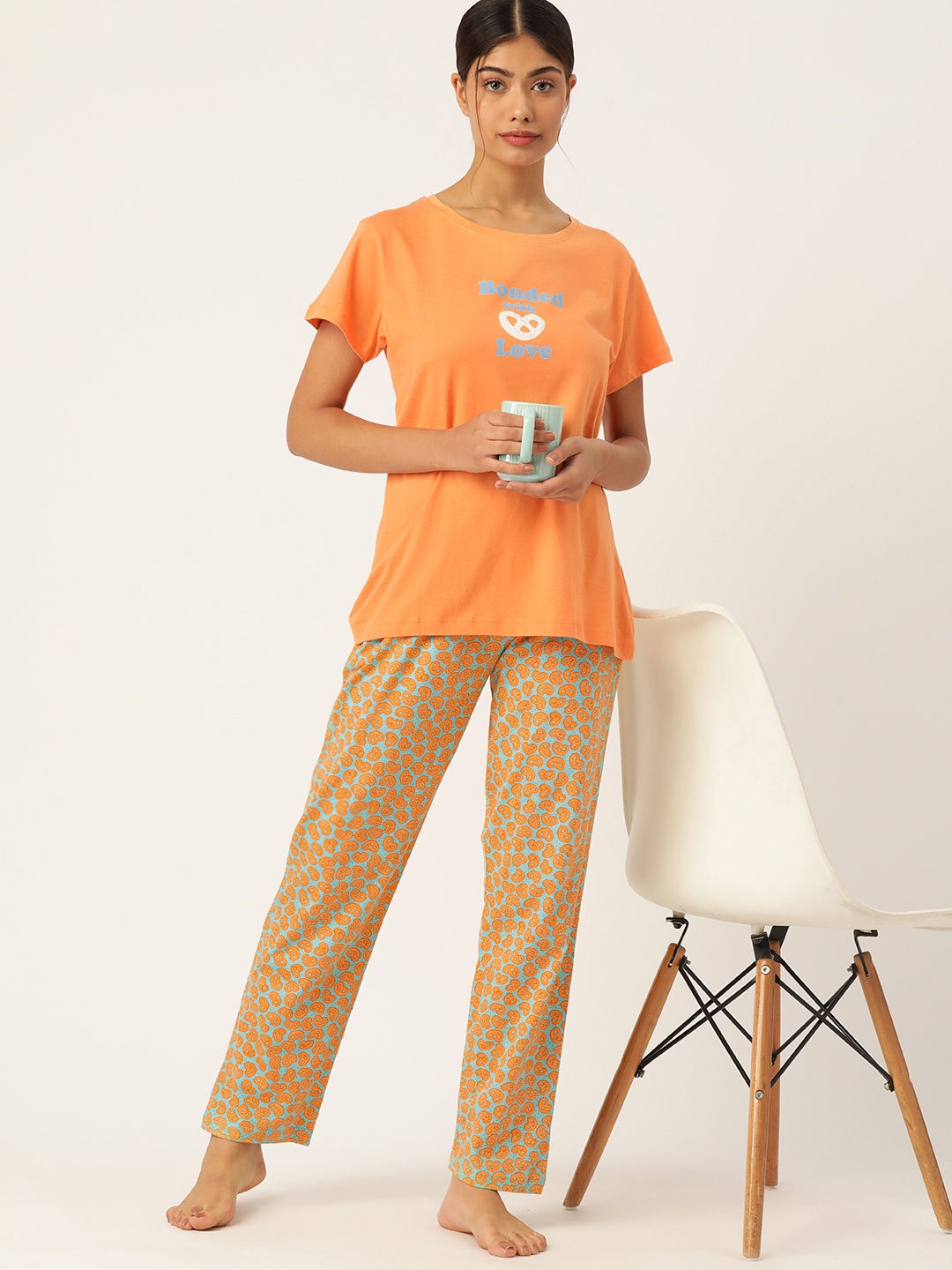 

ETC Women Conversational Printed Night Suit, Orange