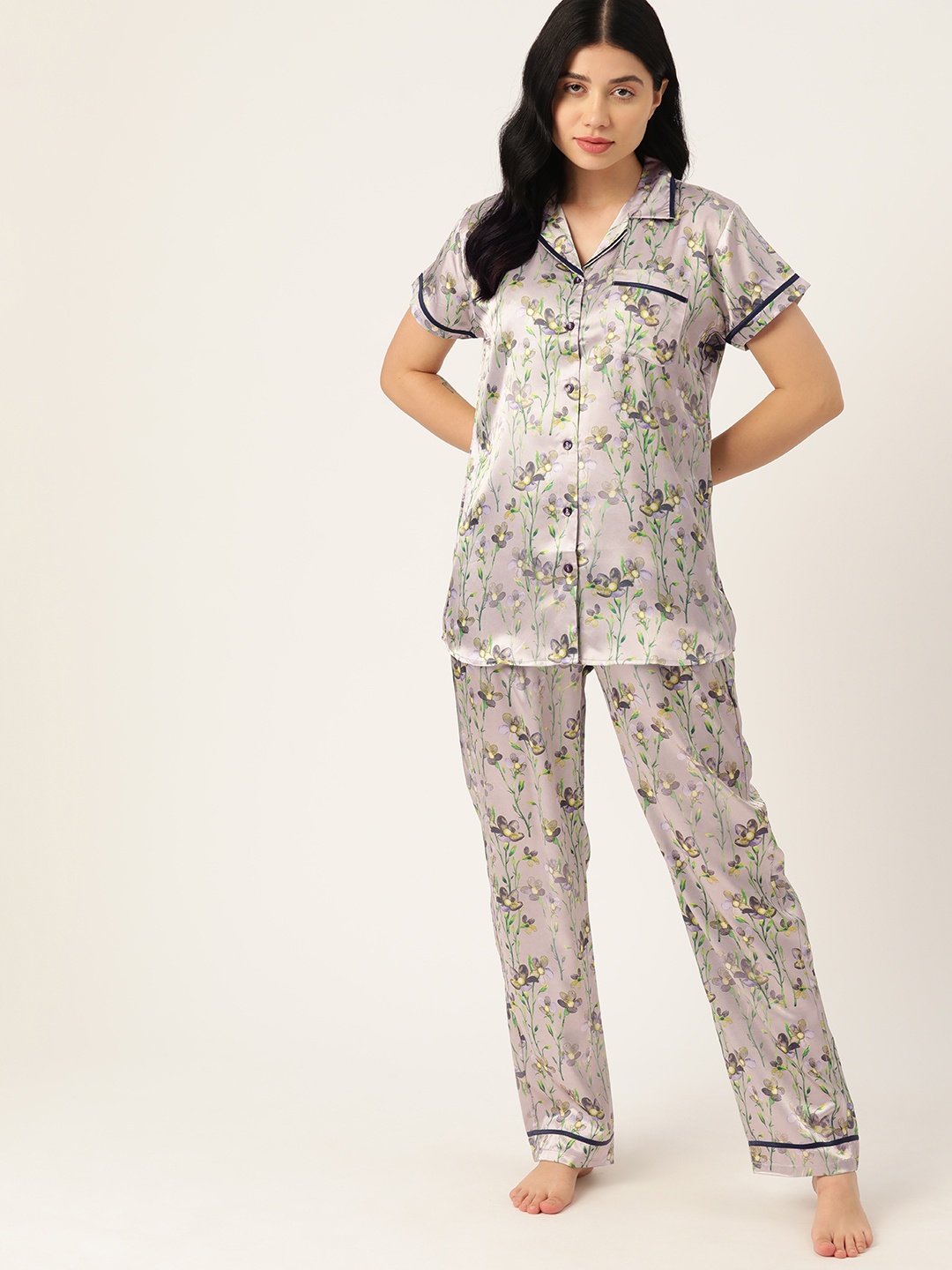 

ETC Women Floral Printed Night Suit, Grey
