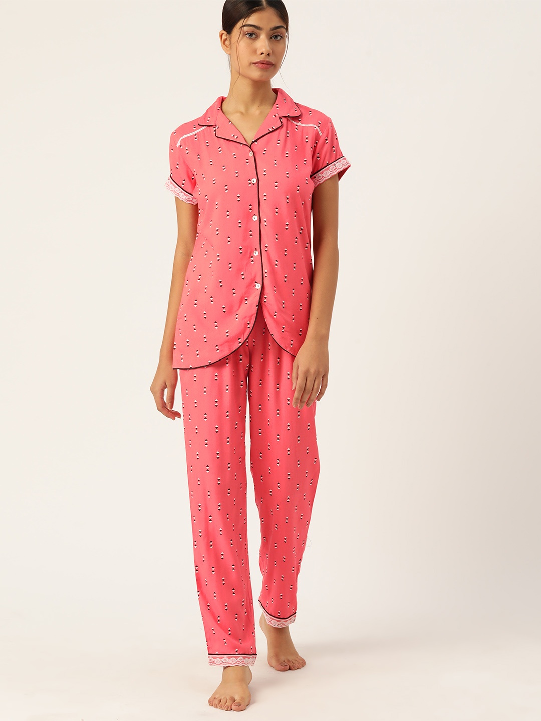 

ETC Women Geometric Printed Night Suit, Coral