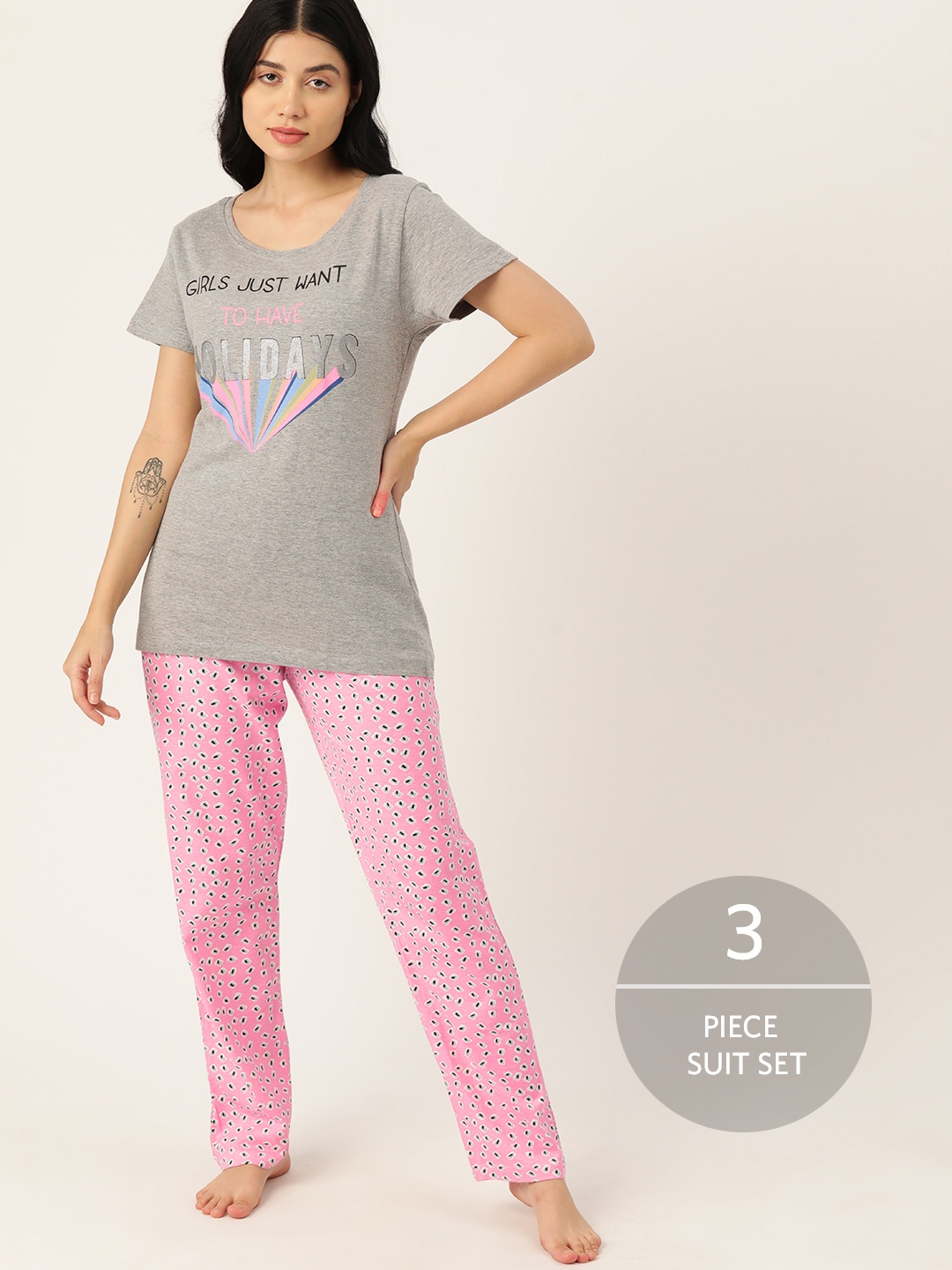 

ETC Women 3Pcs Printed Night suit, Grey