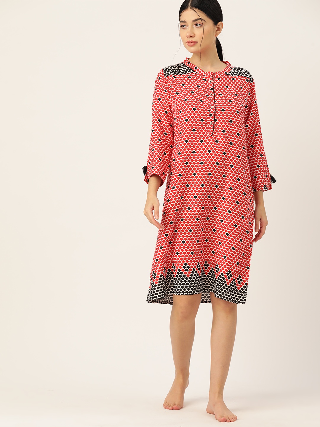 

ETC Geometric Printed Mandarin Collar Nightdress, Red