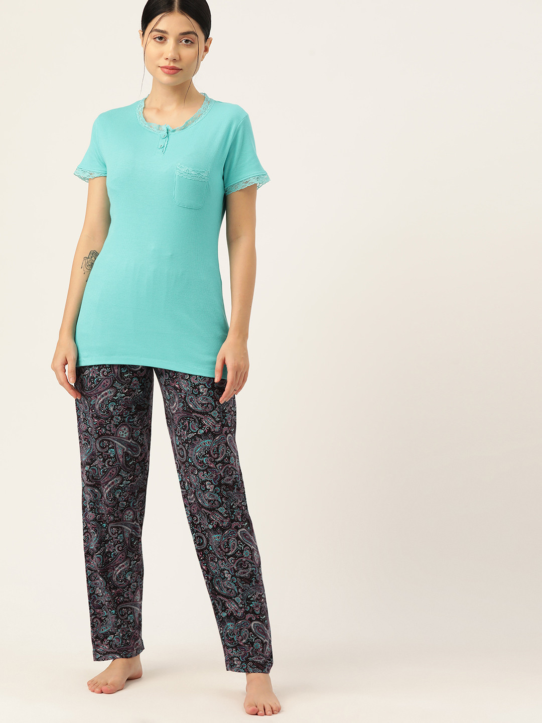 

ETC Women Printed Night Suit, Turquoise blue