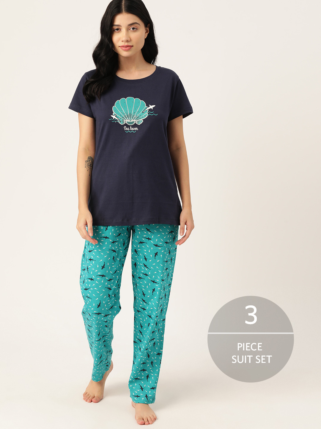 

ETC Women Conversational Print Night Suit, Navy blue