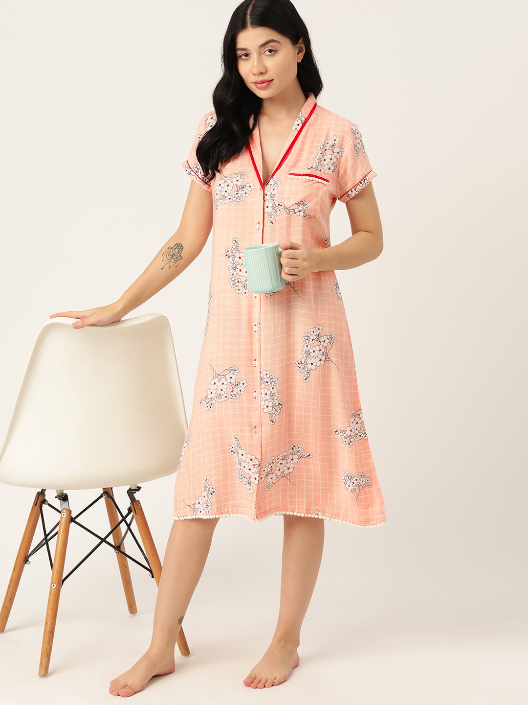 

ETC Floral Print Checked Nightdress, Peach