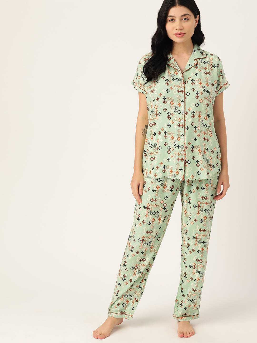 

ETC Women Geometric Printed Night Suit, Green