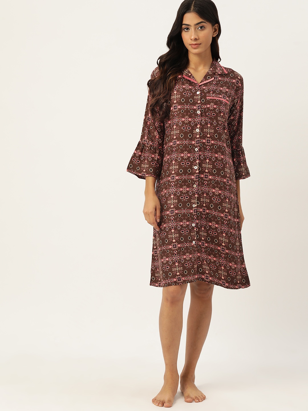 

ETC Geometric Printed Nightdress, Brown