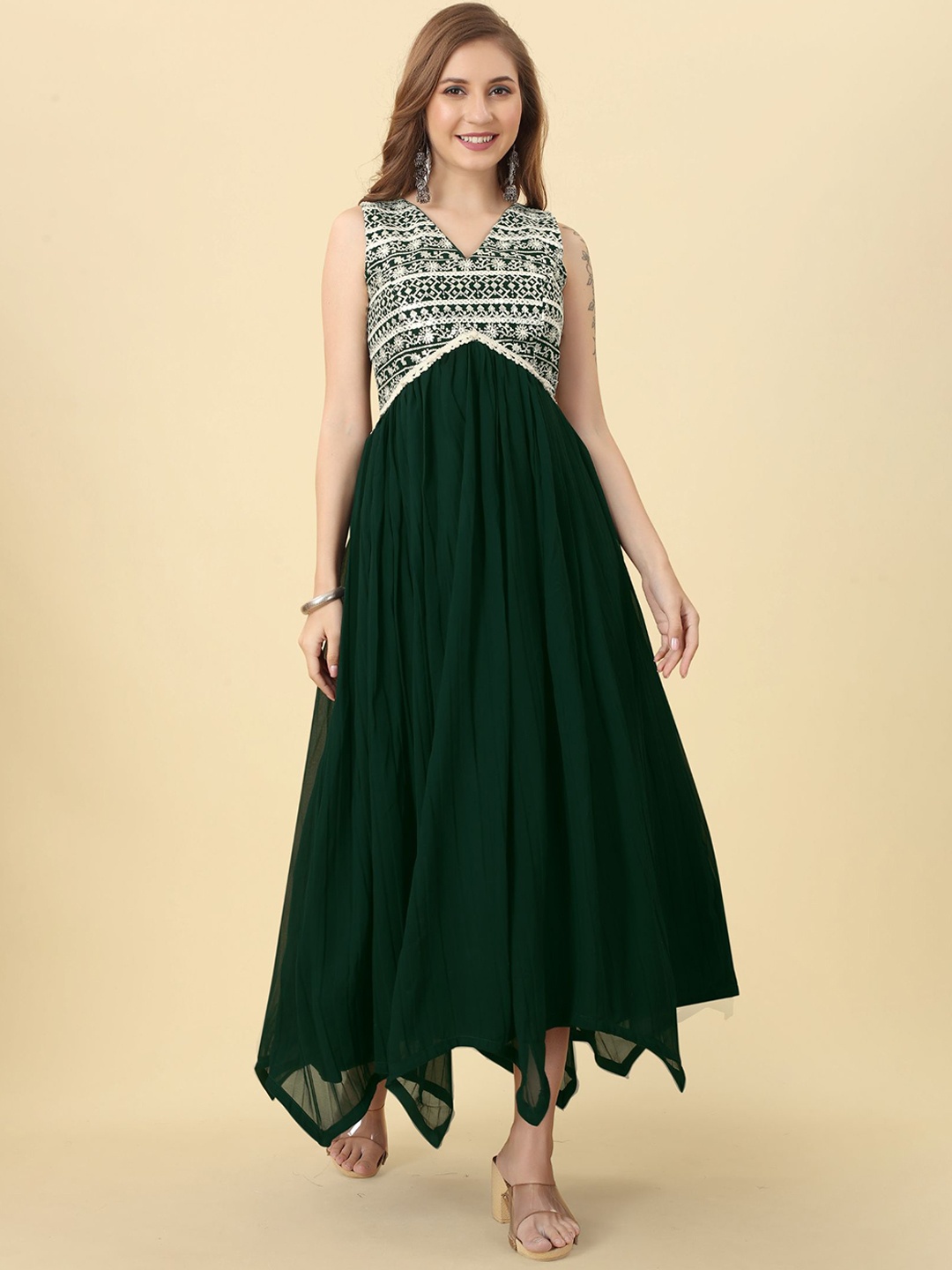 

KALINI Ethnic Motifs Embroidered Flared Maxi Ethnic Dress, Green