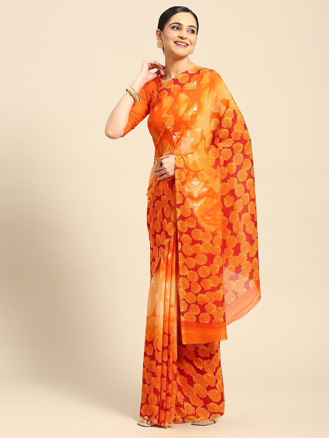 

AHIKA Printed Poly Chiffon Saree, Orange