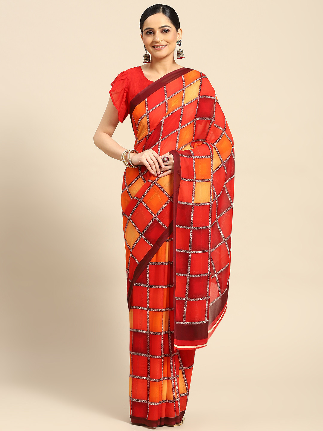 

AHIKA Printed Poly Georgette Saree, Red