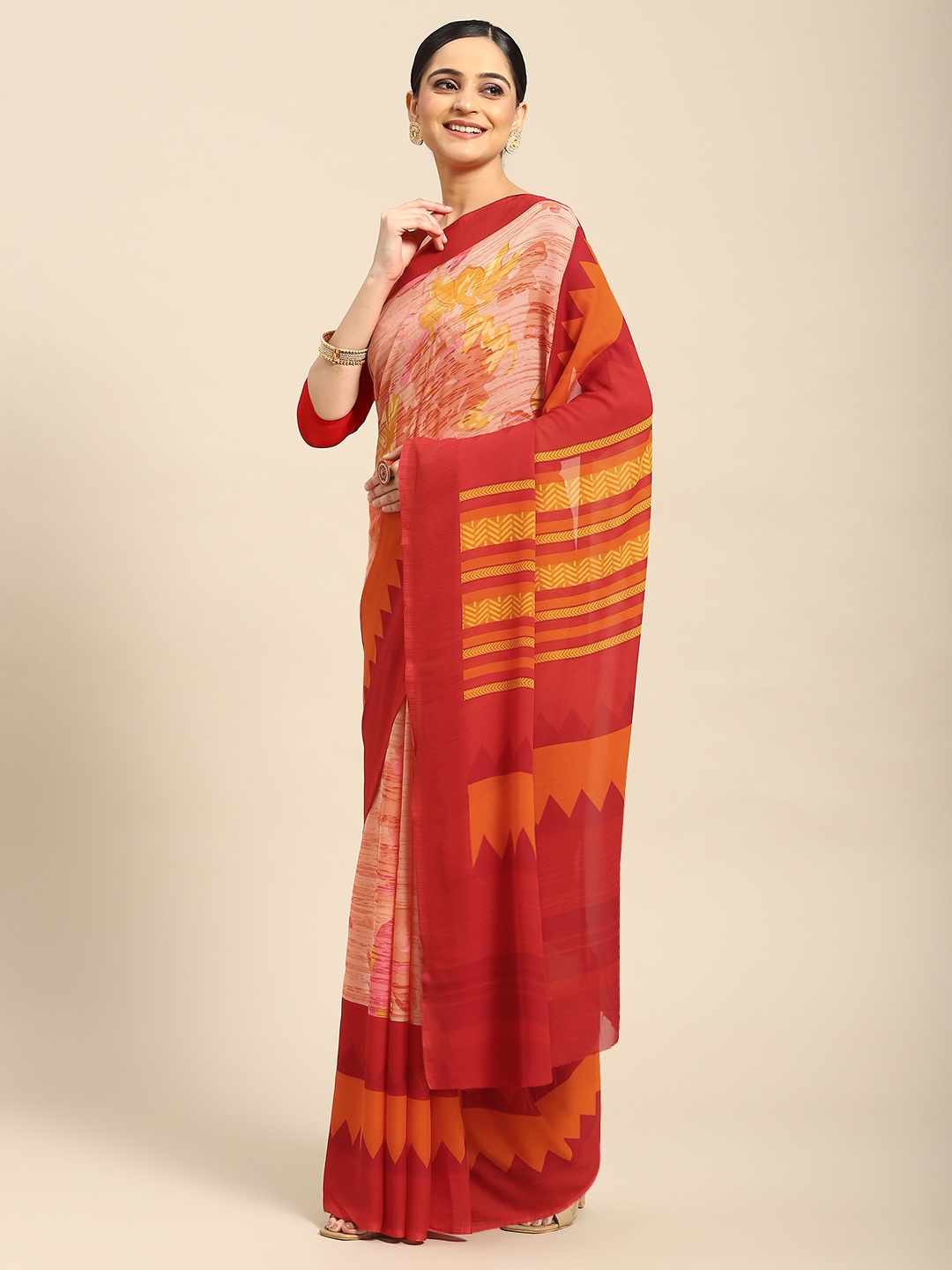 

AHIKA Floral Poly Georgette Saree, Orange