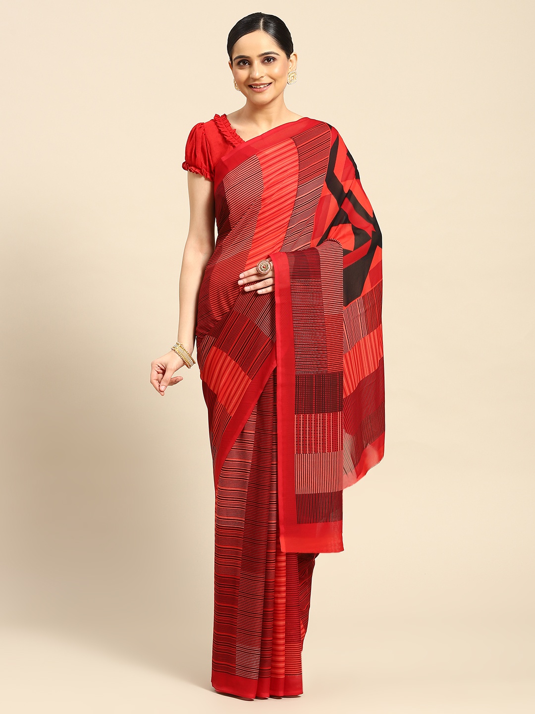 

AHIKA Printed Poly Georgette Saree, Red