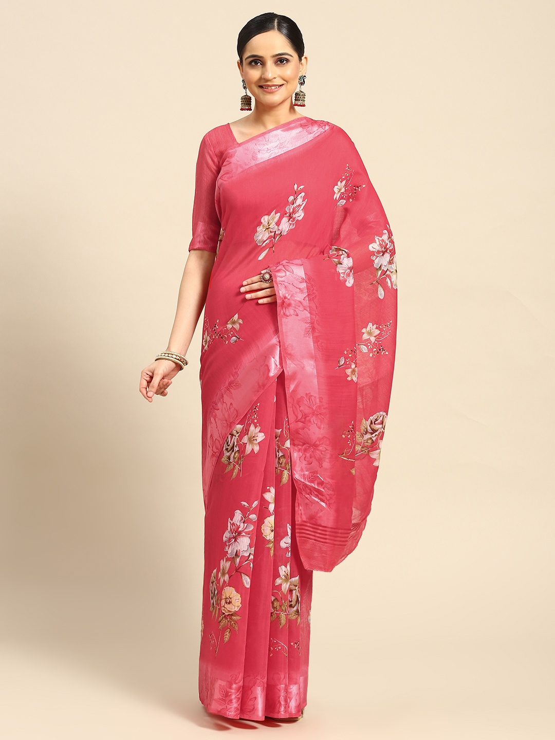 

AHIKA Floral Printed Art Silk Saree, Red