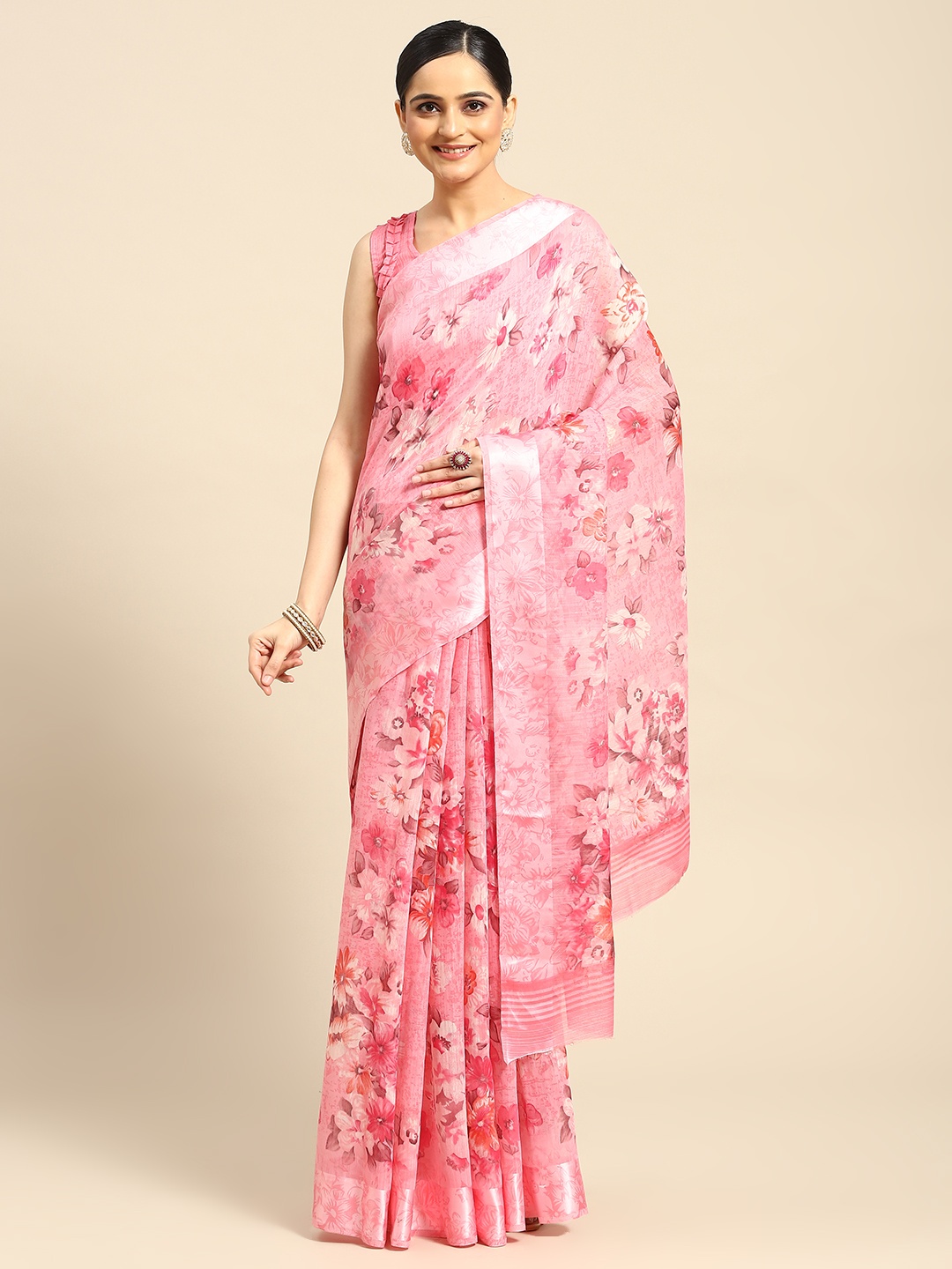 

AHIKA Floral Printed Saree, Pink