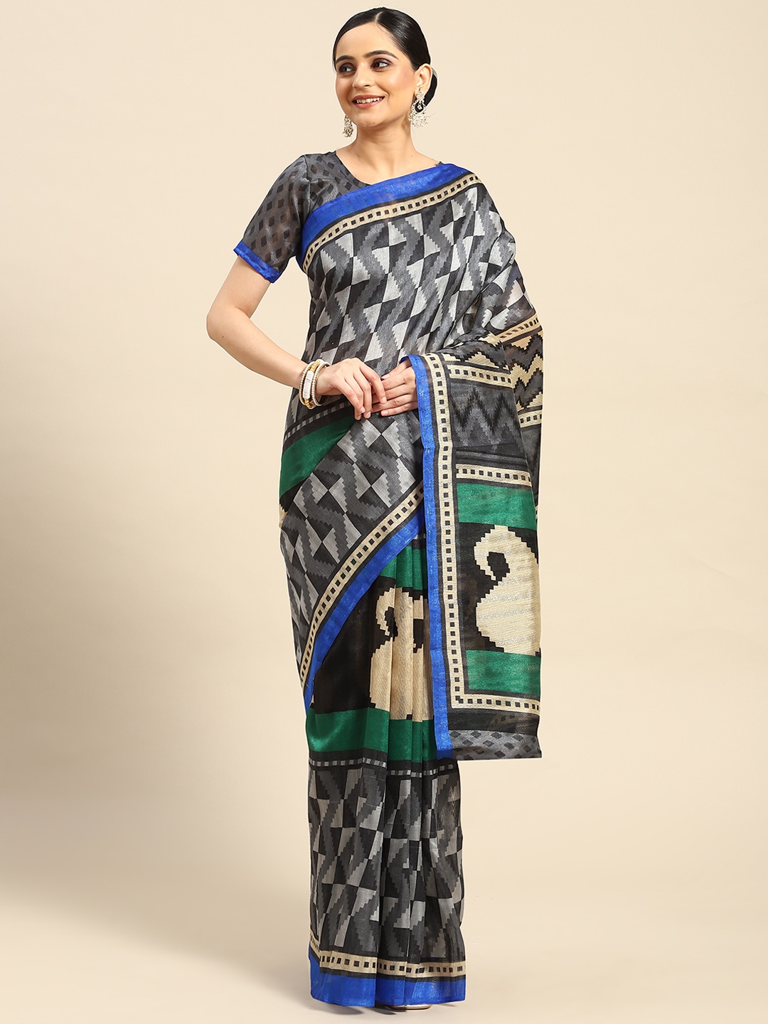 

AHIKA Printed Art Silk Tussar Saree, Grey