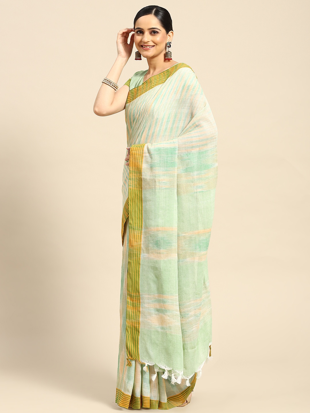 

AHIKA Striped Pure Cotton Jamdani Saree, Green