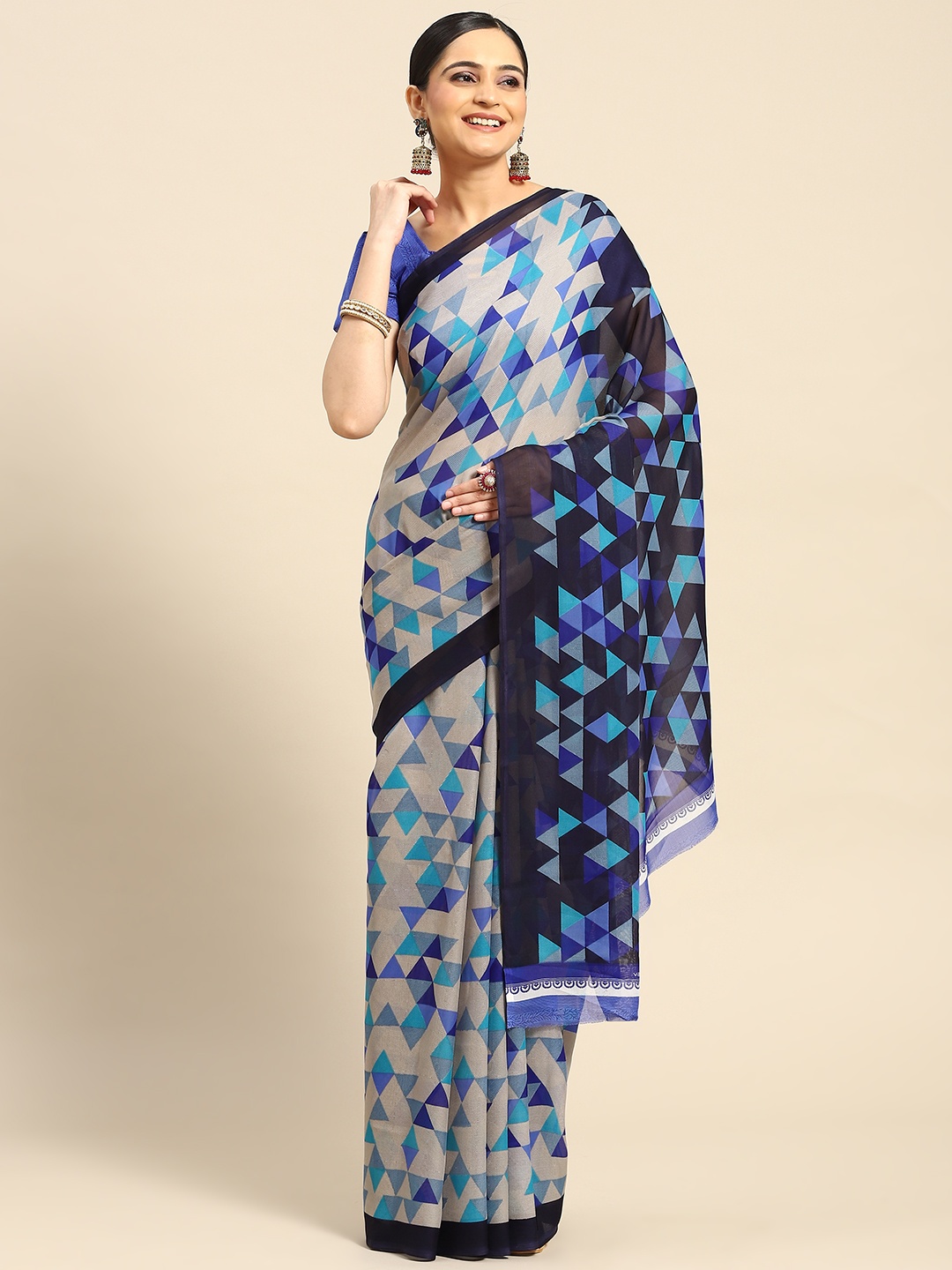 

AHIKA Geometric Printed Saree, Blue