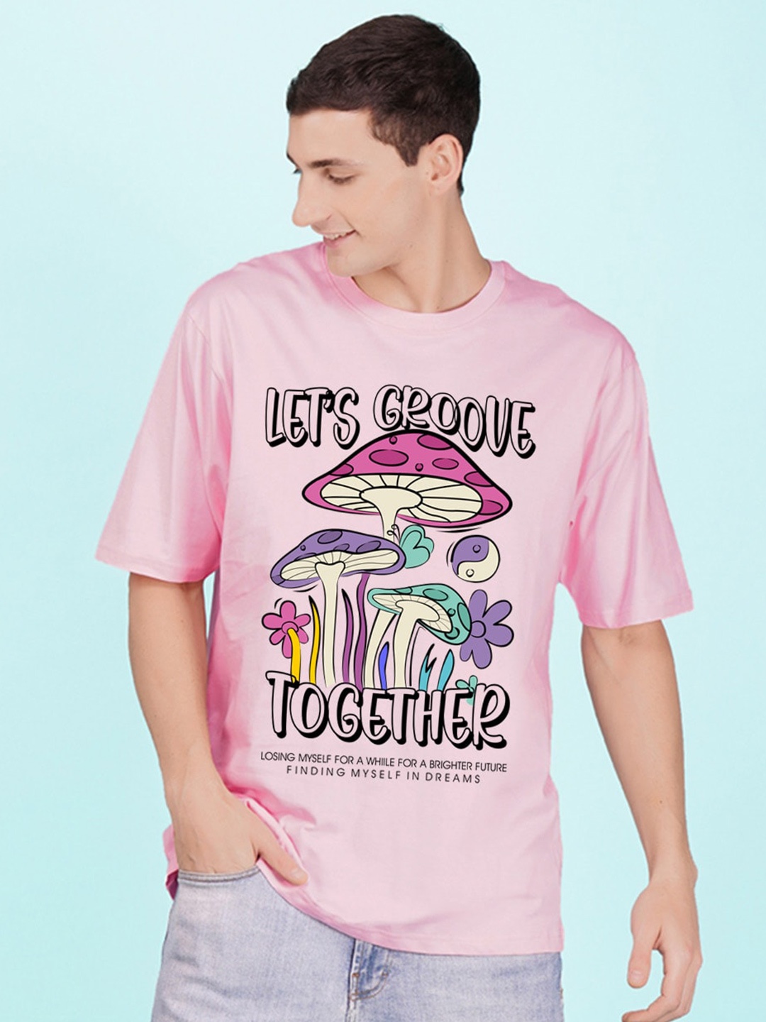 NUSYL Typography Printed Drop Shoulder Sleeves Oversized T-shirt, Pink