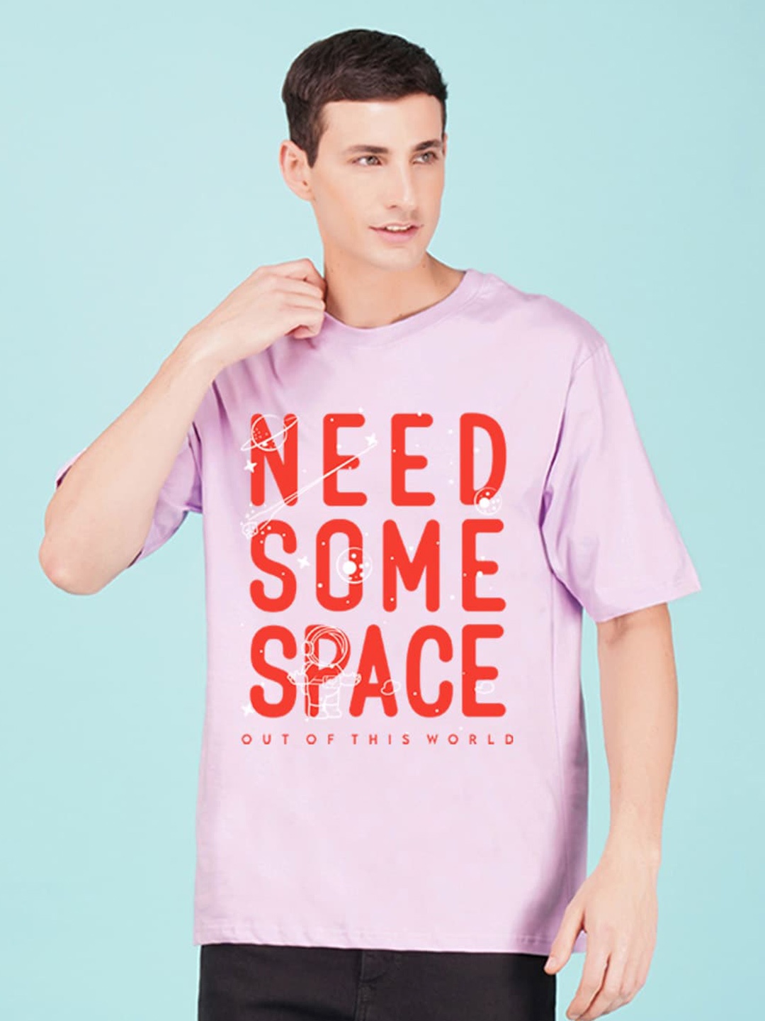 

NUSYL Typography Printed Drop-Shoulder Sleeves Oversized Casual Cotton T-shirt, Purple