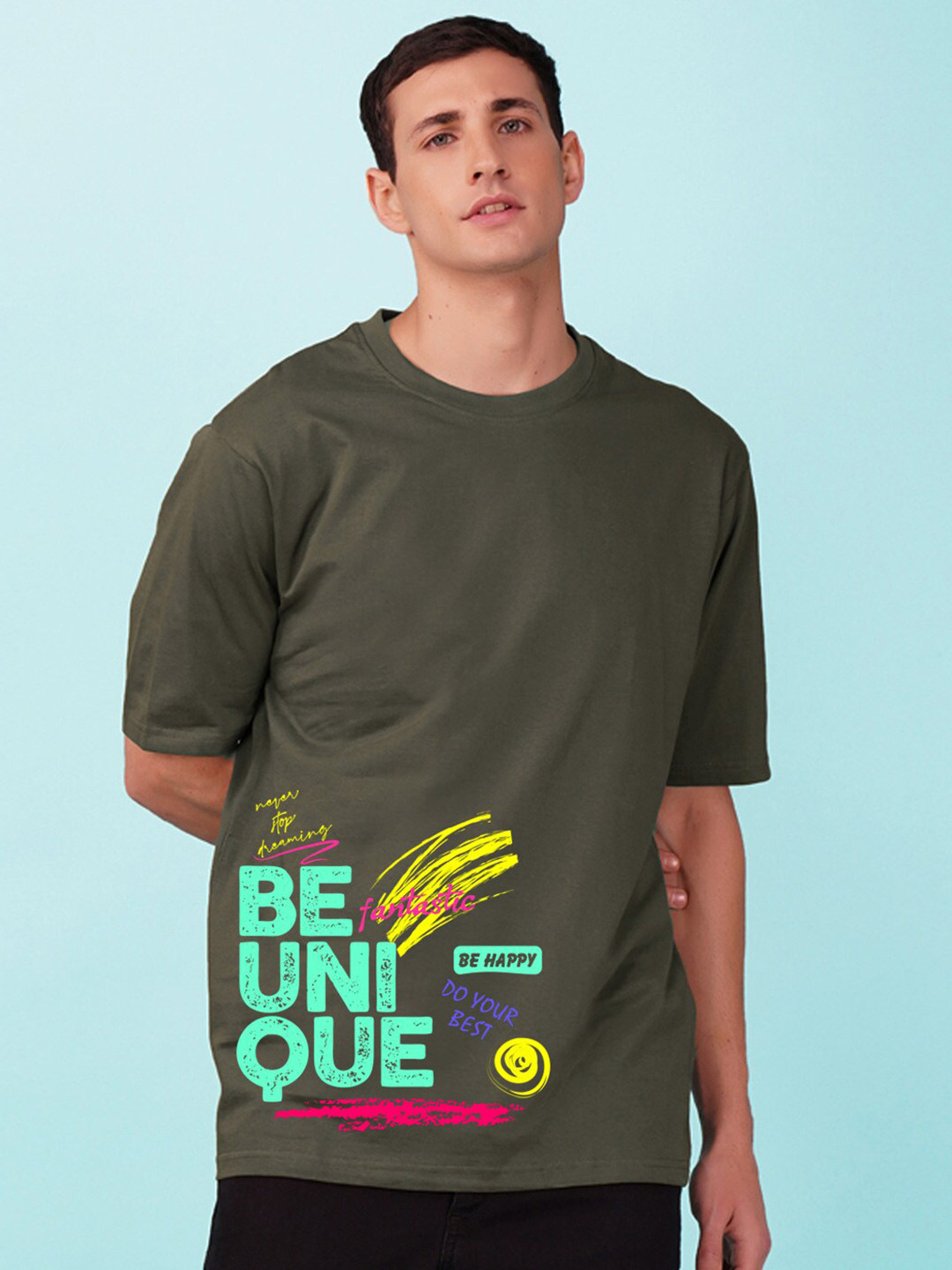 

NUSYL Typography Printed Oversized T-shirt, Olive