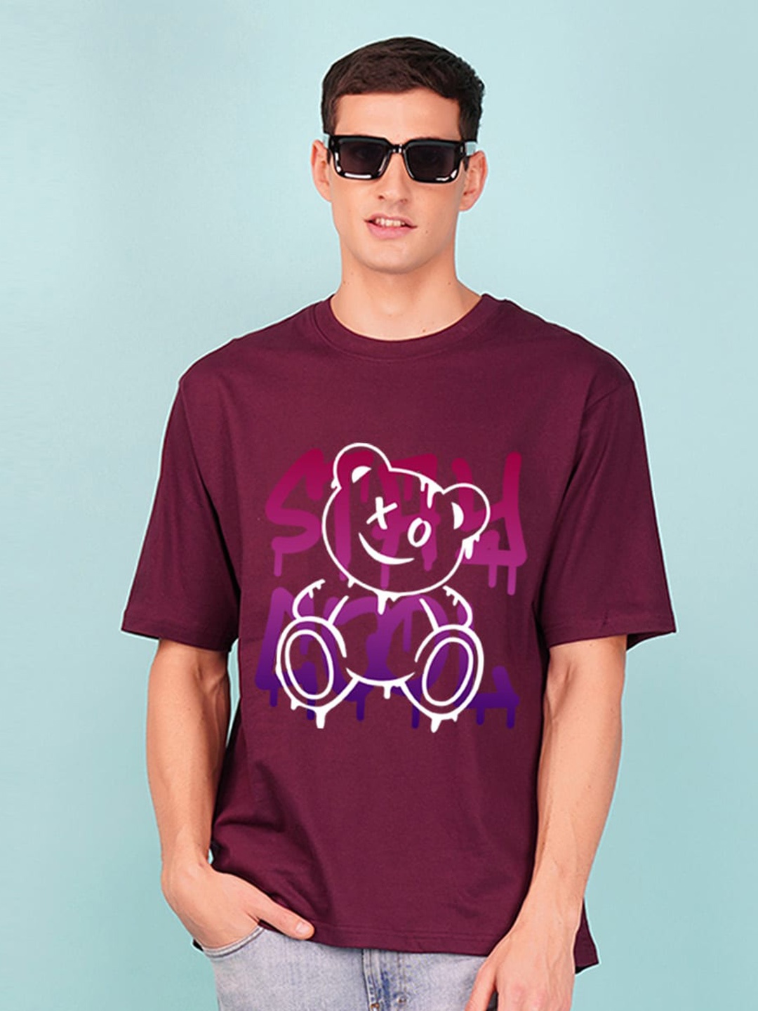 

NUSYL Printed Drop-Shoulder Sleeves Oversized T-shirt, Maroon