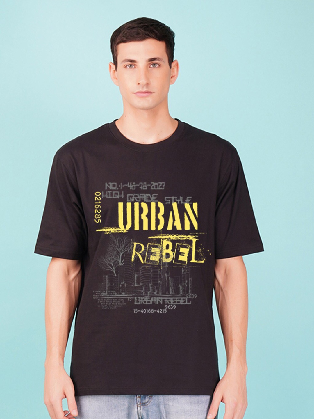 

NUSYL Typography Printed Drop-Shoulder Sleeves Oversized Casual Cotton T-shirt, Black