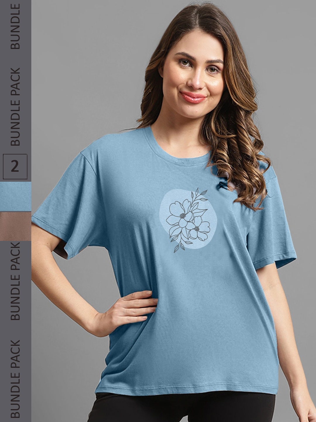 

Kanvin Pack Of 2 Pink & Brown Printed Drop-Shoulder Sleeves Casual Cotton T-shirts, Camel brown