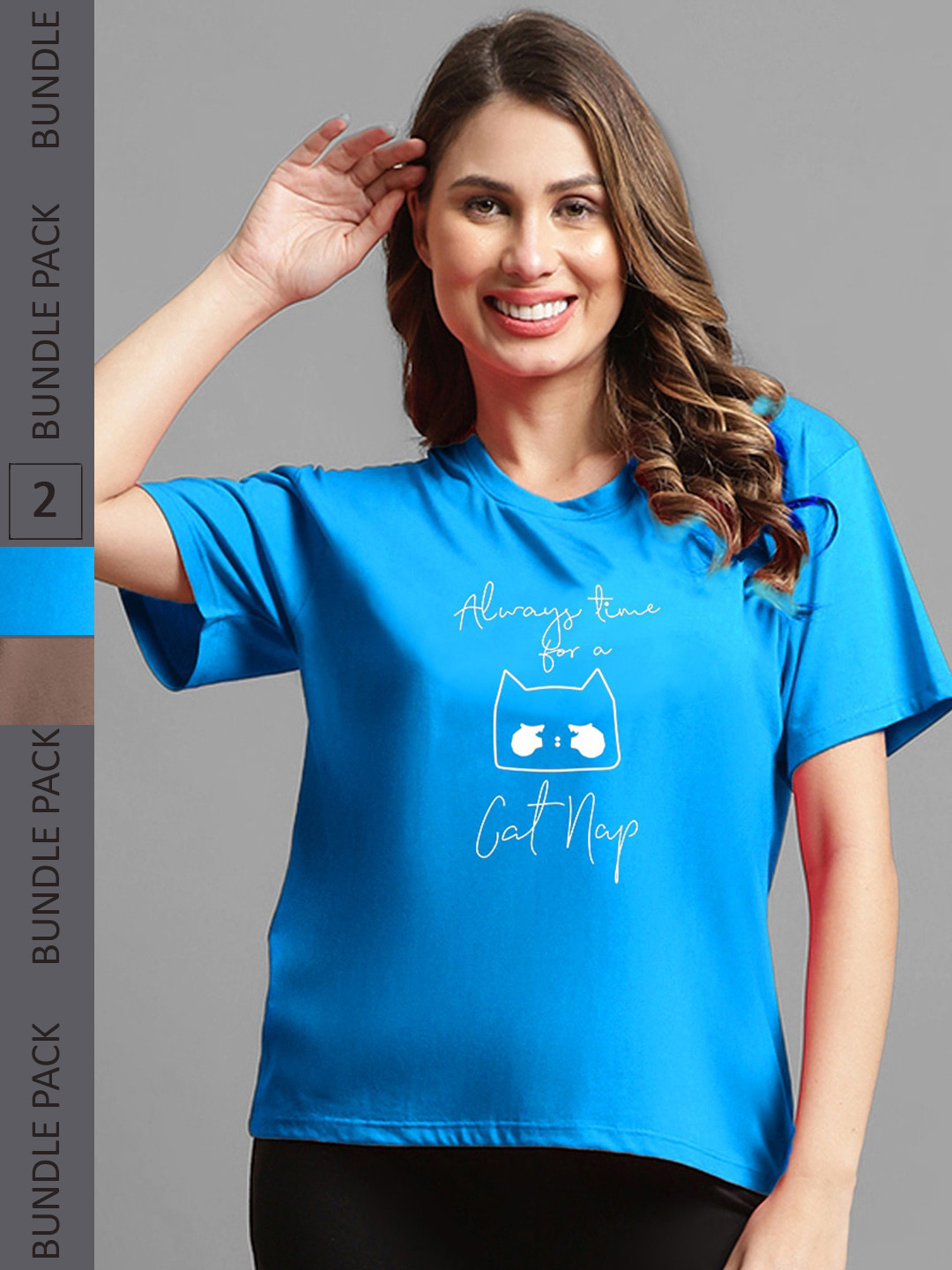 

Kanvin Pack Of 2 Blue & Camel Brown Typography Printed Modal Oversized T-shirts
