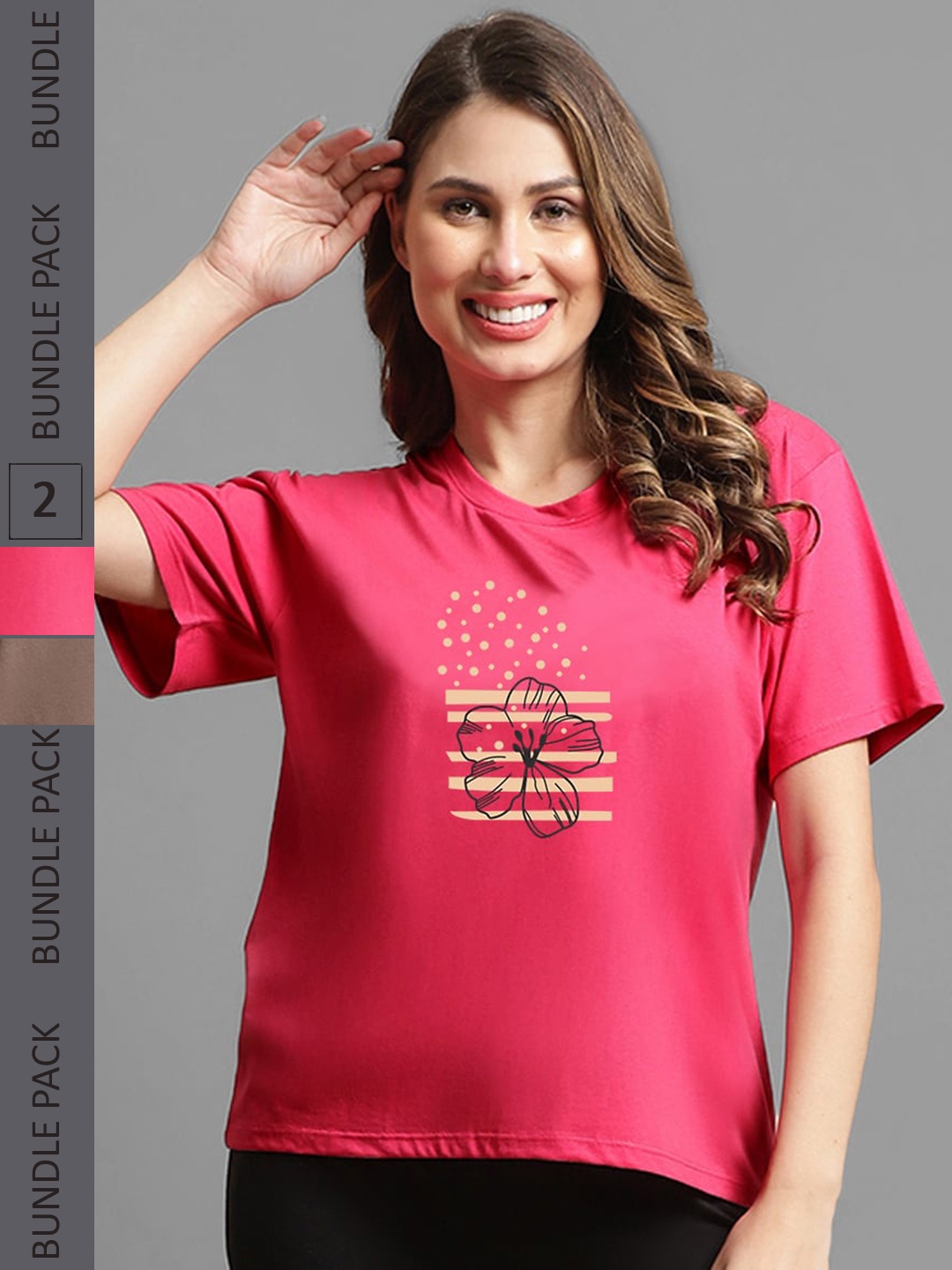 

Kanvin Pack Of 2 Pink & Brown Printed Drop-Shoulder Sleeves Casual Cotton T-shirts, Camel brown