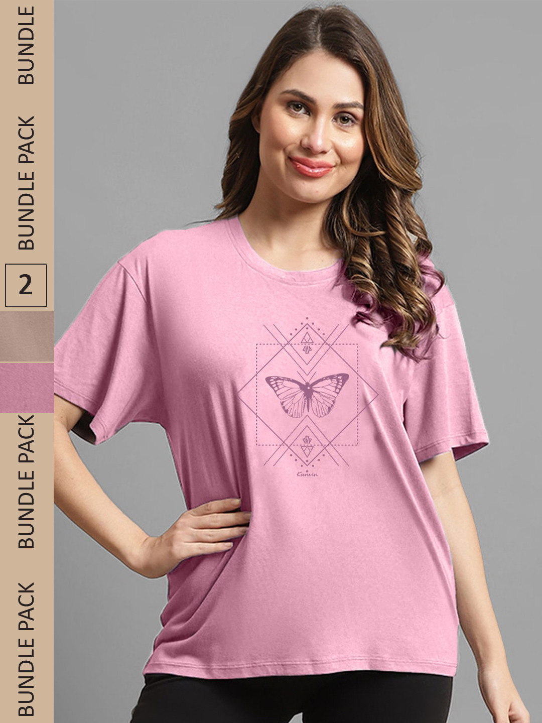 

Kanvin Camel Brown & Pink Pack of 2 Typography Printed Cotton Modal Oversized T-shirt