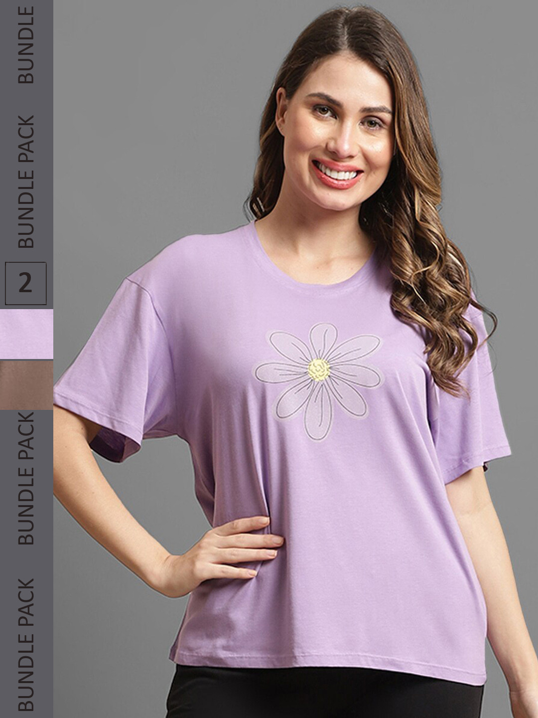 

Kanvin Pack Of 2 Lavender & Brown Printed Drop-Shoulder Sleeves Casual Cotton T-shirts, Camel brown