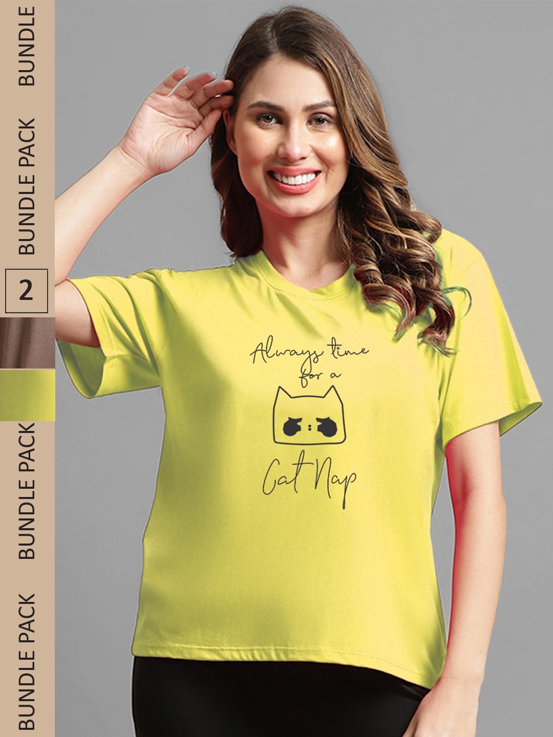 Kanvin Camel Brown & Yellow Pack Of 2 Typography Printed Cotton Modal Oversized T-shirt