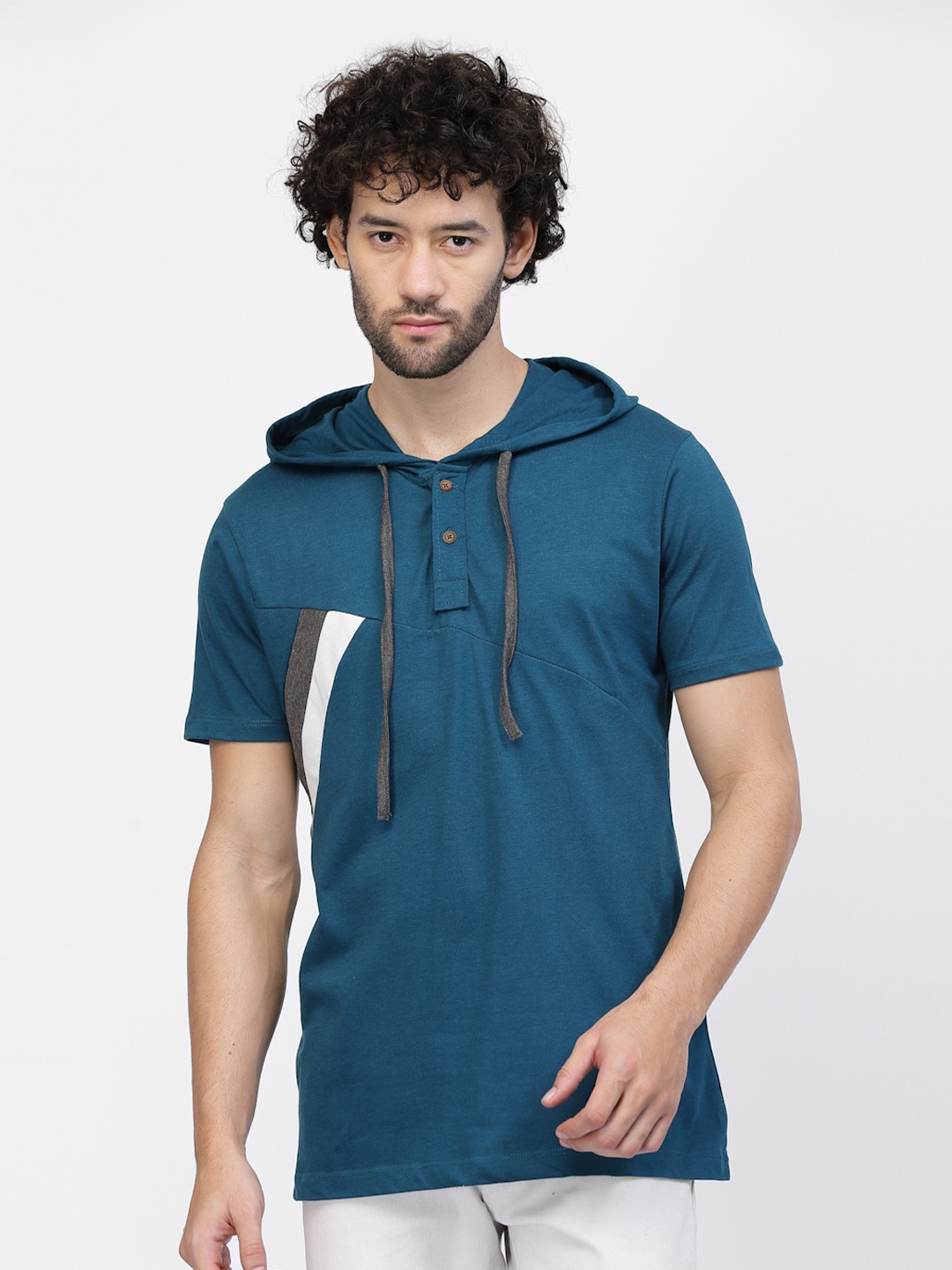 

Kalt Colourblocked Hooded Casual T-shirt, Teal