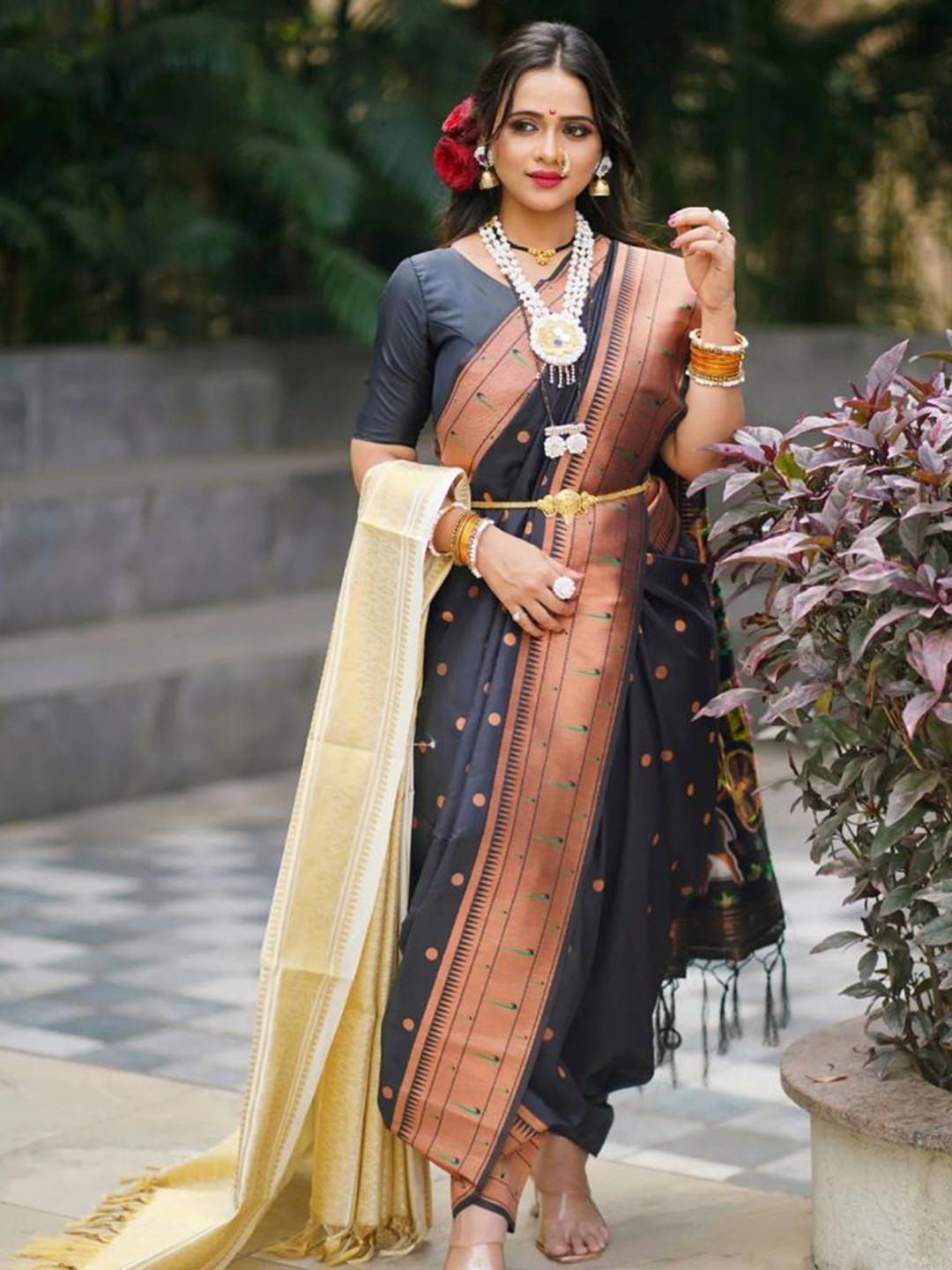 

Naishu Trendz Polka Dot Woven Design Zari Pure Silk Kanjeevaram Saree, Black