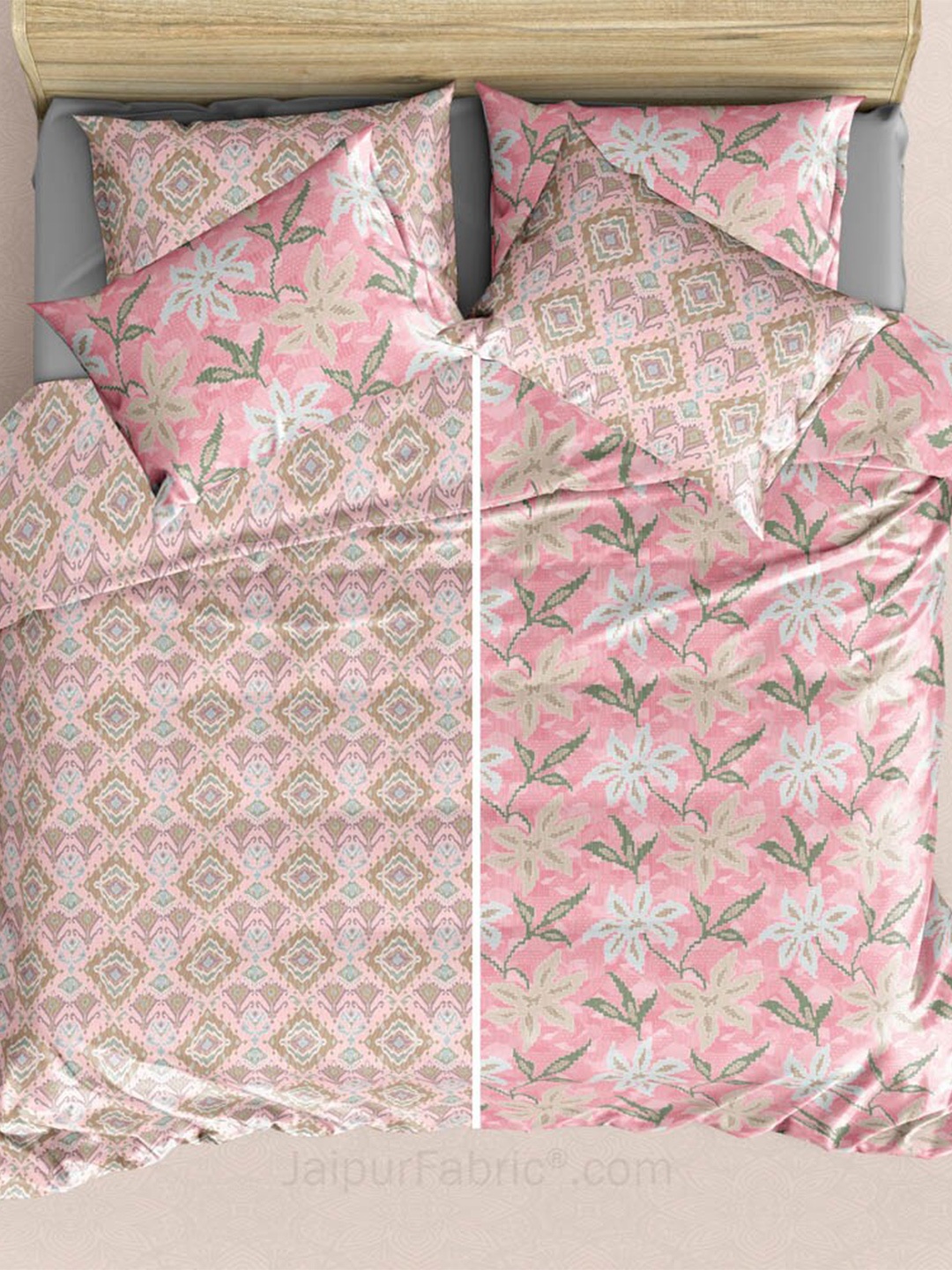 

JAIPUR FABRIC Pink & White Floral 300 TC Reversible Cotton King Bedsheet & 4 Pillow Covers