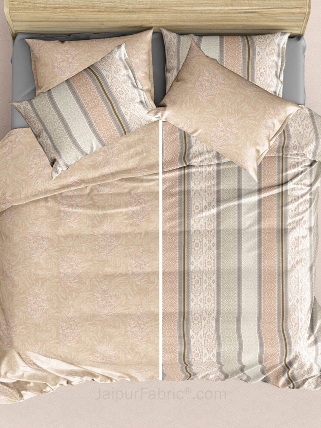 

JAIPUR FABRIC Beige Striped 300 TC Reversible Cotton King Bedsheet & 4 Pillow Covers