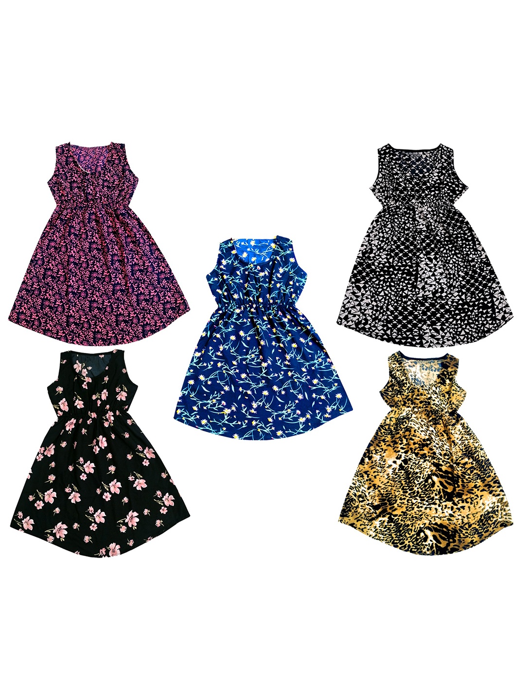 

IndiWeaves Girls Pack of 5 Floral Print Crepe Fit & Flare Dress, Blue