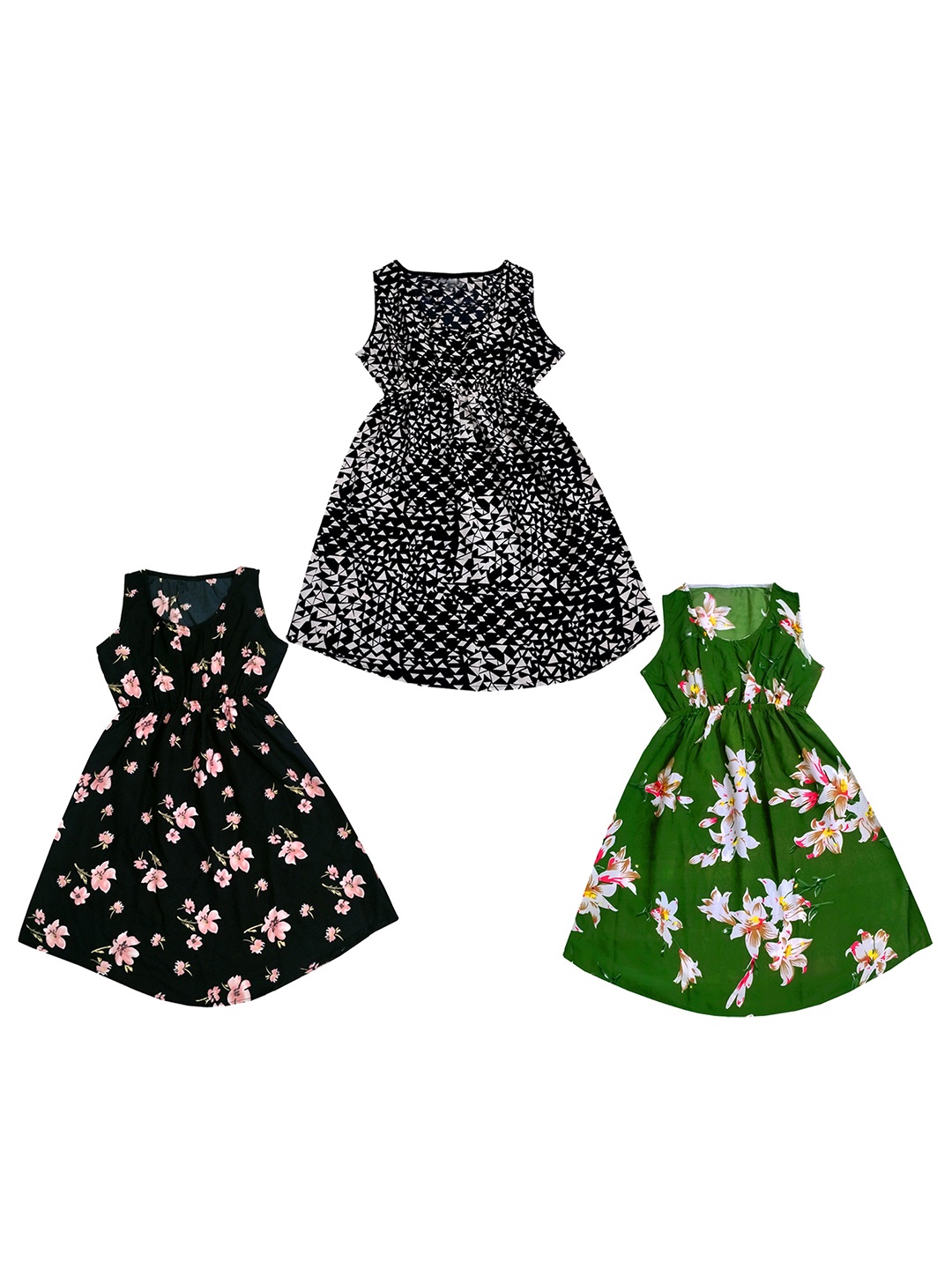 

IndiWeaves Girls Pack Of 3 Floral Printed Fit & Flare Maxi Dress, Green