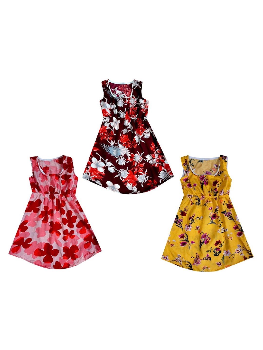 

IndiWeaves Girls Pack of 3 Floral Printed Crepe A-Line Dress, Coral