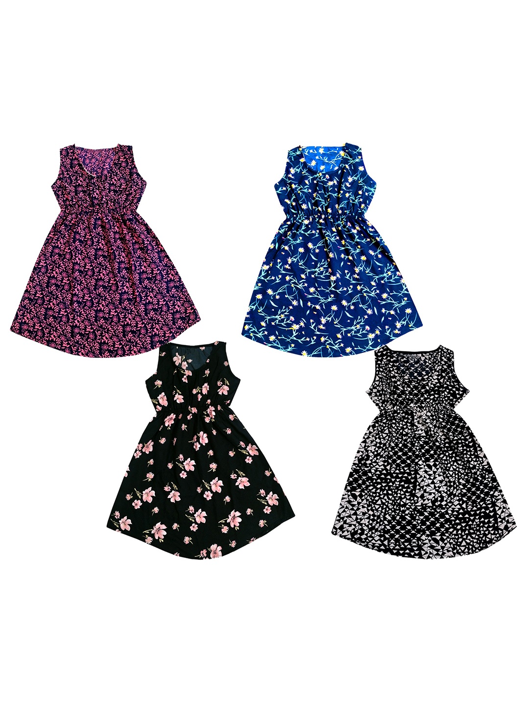 

IndiWeaves Girls Pack Of 4 Floral Printed Fit & Flare Dress, Black